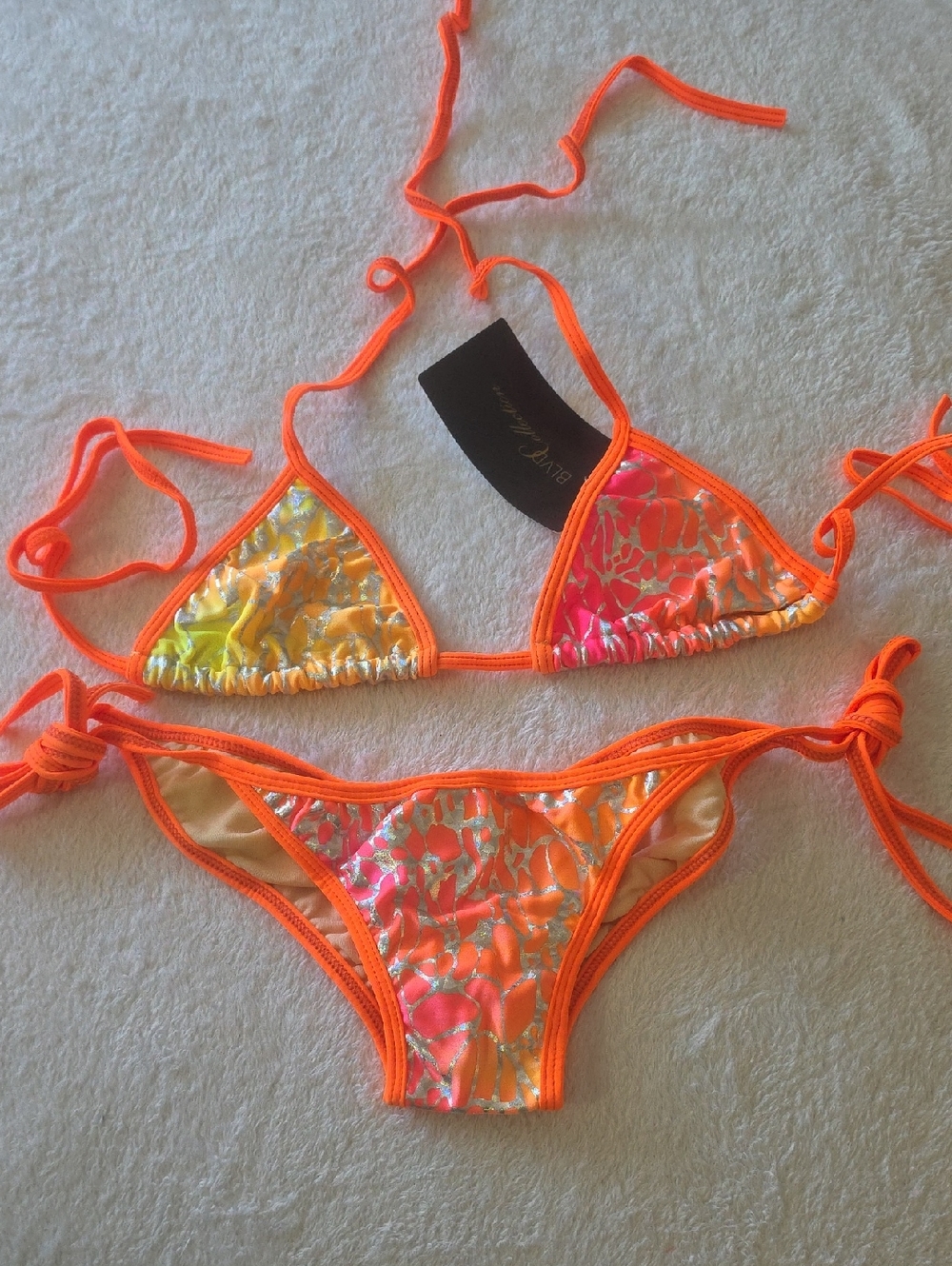 BLVD Neon Orange Multicolor Metallic Triangle Bikini